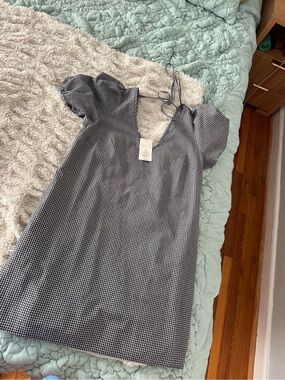 NWT Gingham Puff Sleeve Mini Dress in Navy & White